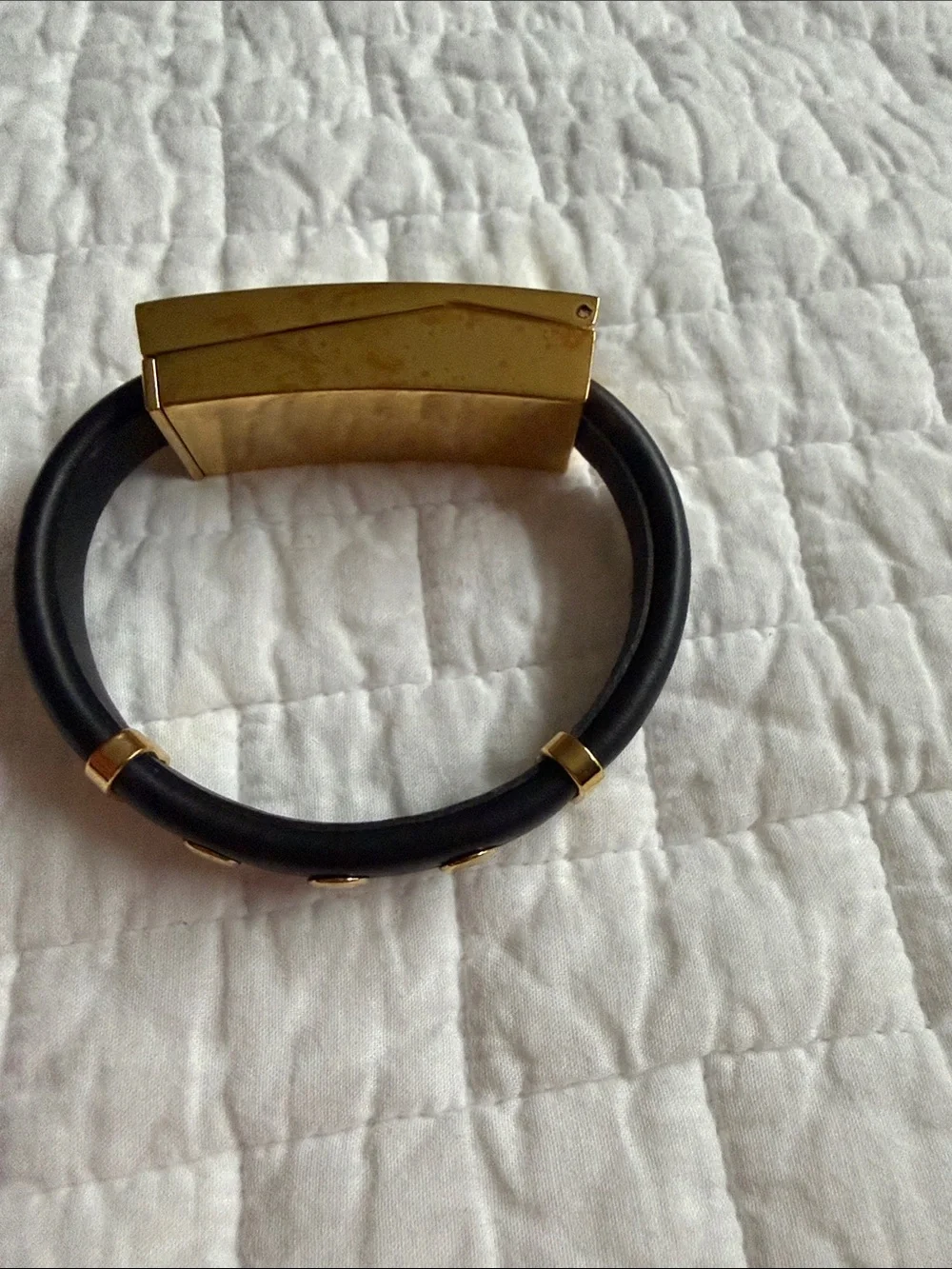 Rebecca Minkoff Black Leather like Bracelet with Gold Geometric Accent